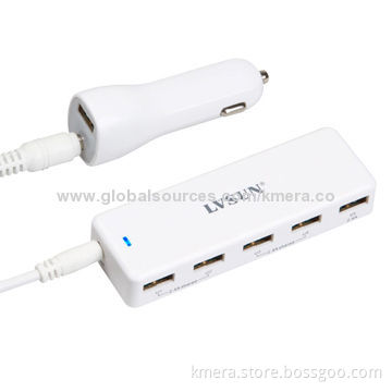 In-car Charger, 5 USB Output Ports, 5V/2.4A*3 or 5V/1.2A*4 + 5V/2.4A, Charge iPhone 5 Simultaneously